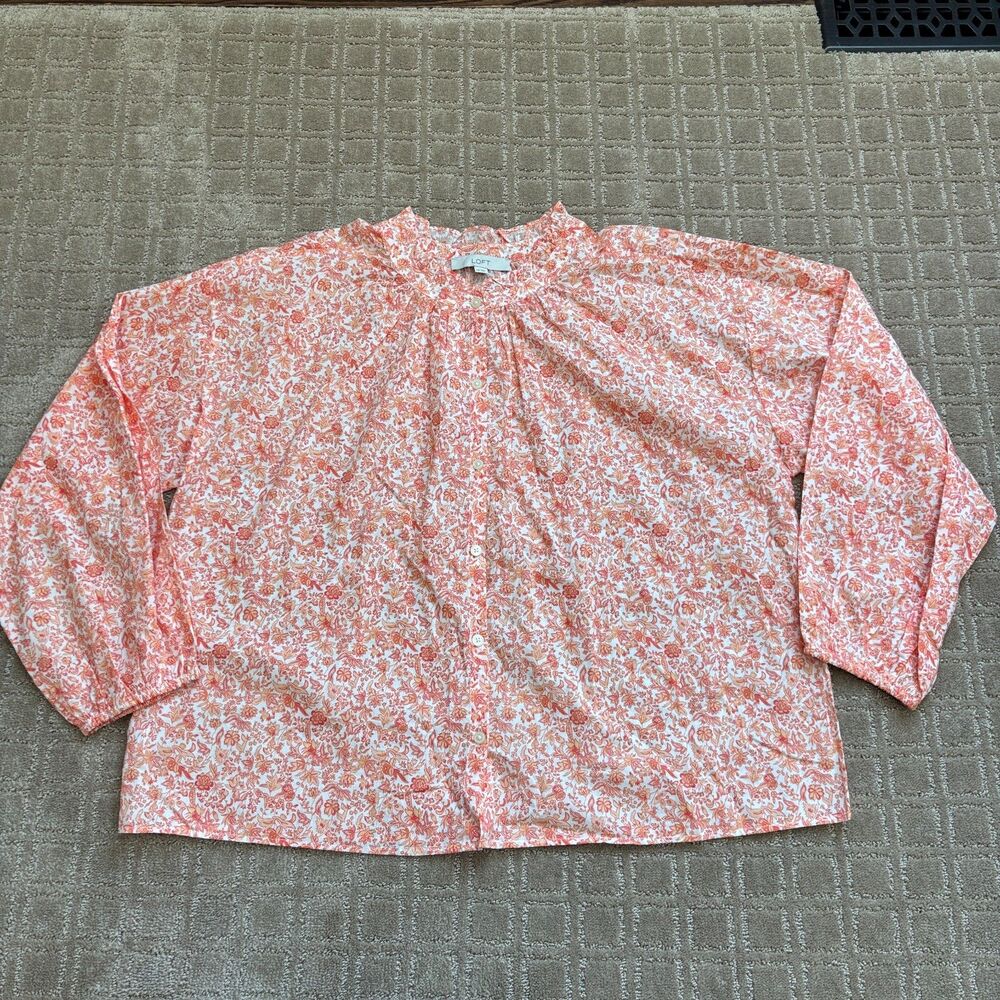 Ann Taylor LOFT Jungle Ruffle Neck Poet Blouse Womens XXL Orange Prairie Cottage